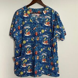 White Cross Hey Diddle Diddle Dental Scrub Top Blue Cow Cat Moon Stars Women L